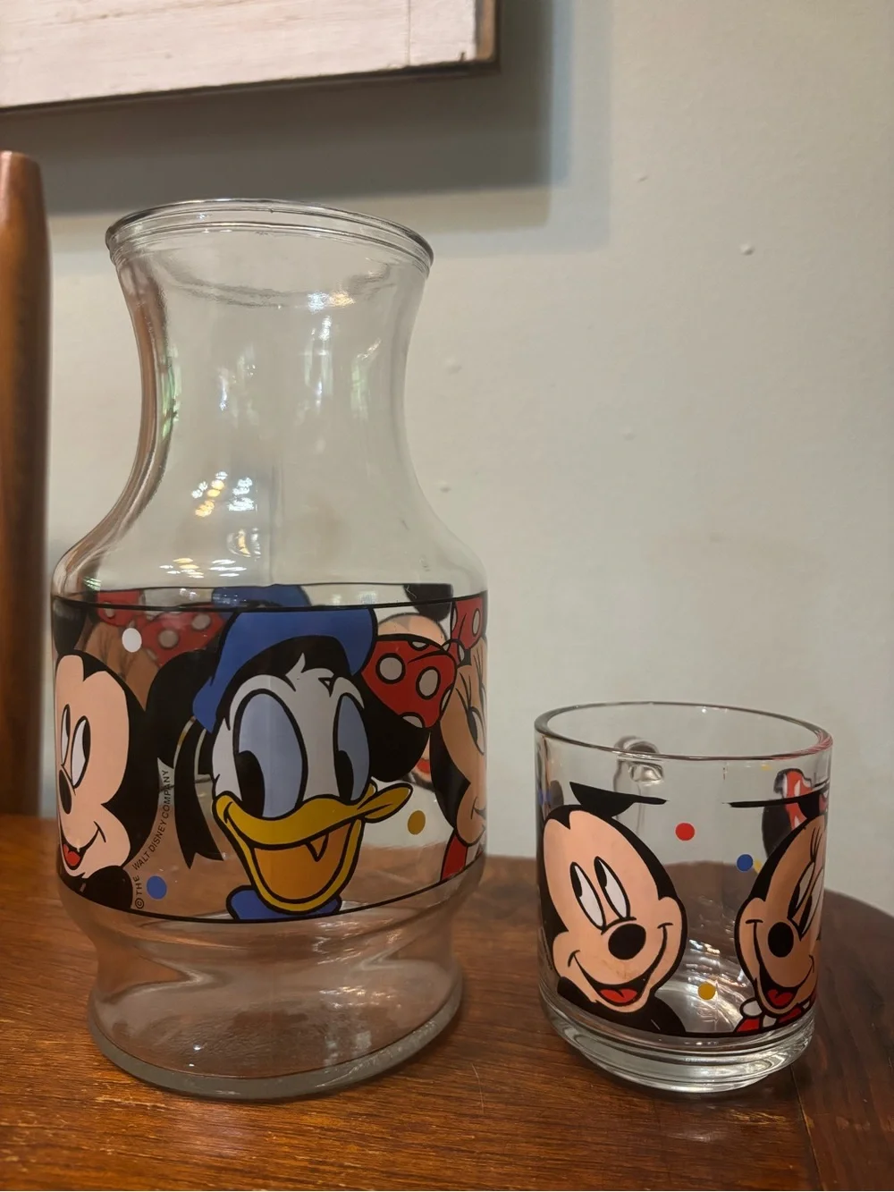 1980’s Minnie & Mickey Glass Carafe and Mug Set - Clear Glass with Red Accent
